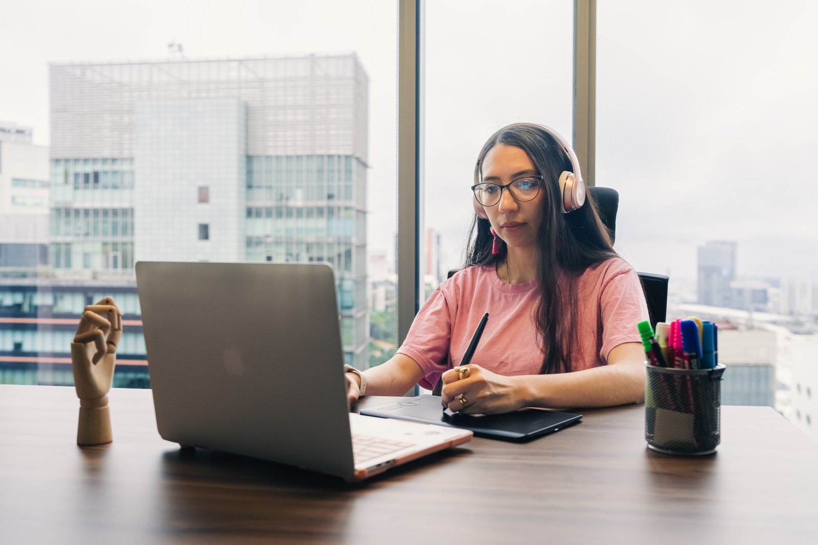 Headphones and laptop used for focused remote work